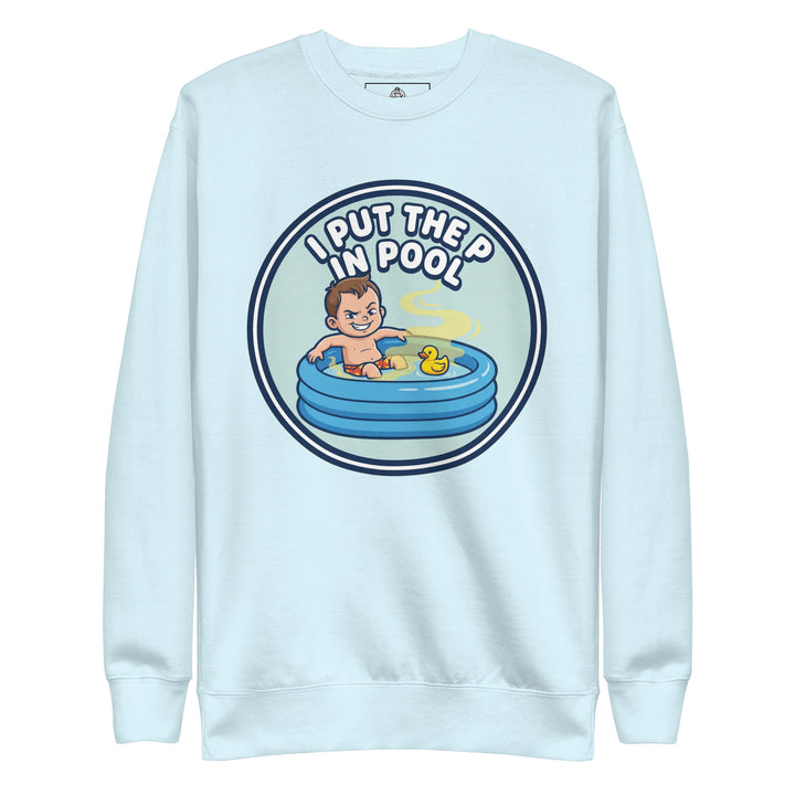 I Put The P In Pool funny summer graphic tee — smirking cartoon kid in inflatable kiddie pool with rubber duck and suspicious yellow swirl