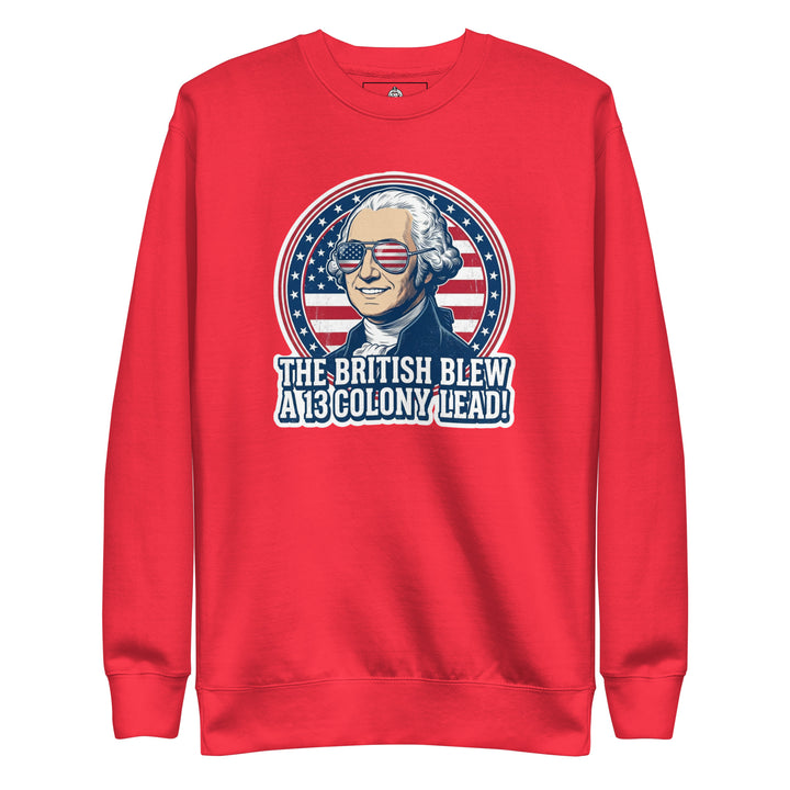 The British Blew A 13 Colony Lead funny 4th of July graphic — George Washington smiling in American flag aviator sunglasses