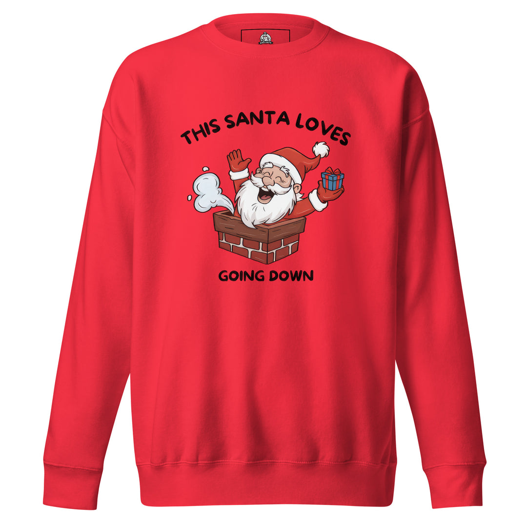 This Santa Loves Going Down — a cheerful Santa popping out of a chimney holding a gift, captioned This Santa Loves Going Down, printed on a unisex sweatshirt.