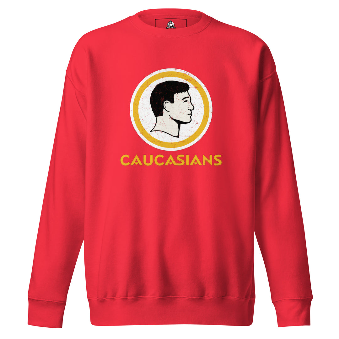 Caucasians — a parody of a vintage sports-team logo showing a slick-haired white man's profile in a circle, reading Caucasians, printed on a unisex sweatshirt.