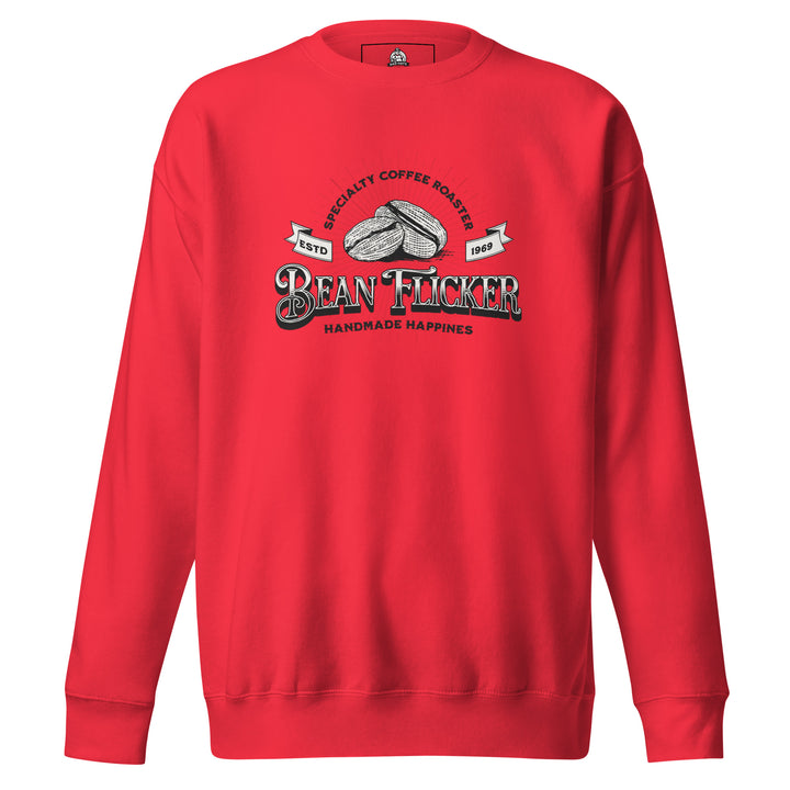Bean Flicker — a vintage Bean Flicker Specialty Coffee Roaster logo with coffee beans, reading Handmade Happiness Est 1969, printed on a unisex sweatshirt.