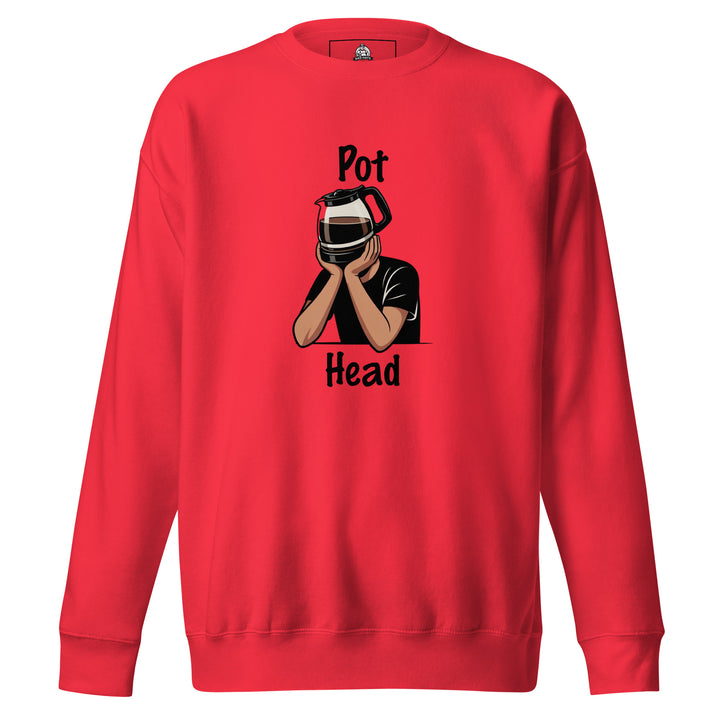 Pot Head — a person with a coffee pot for a head resting on their hands, captioned Pot Head, printed on a unisex sweatshirt.