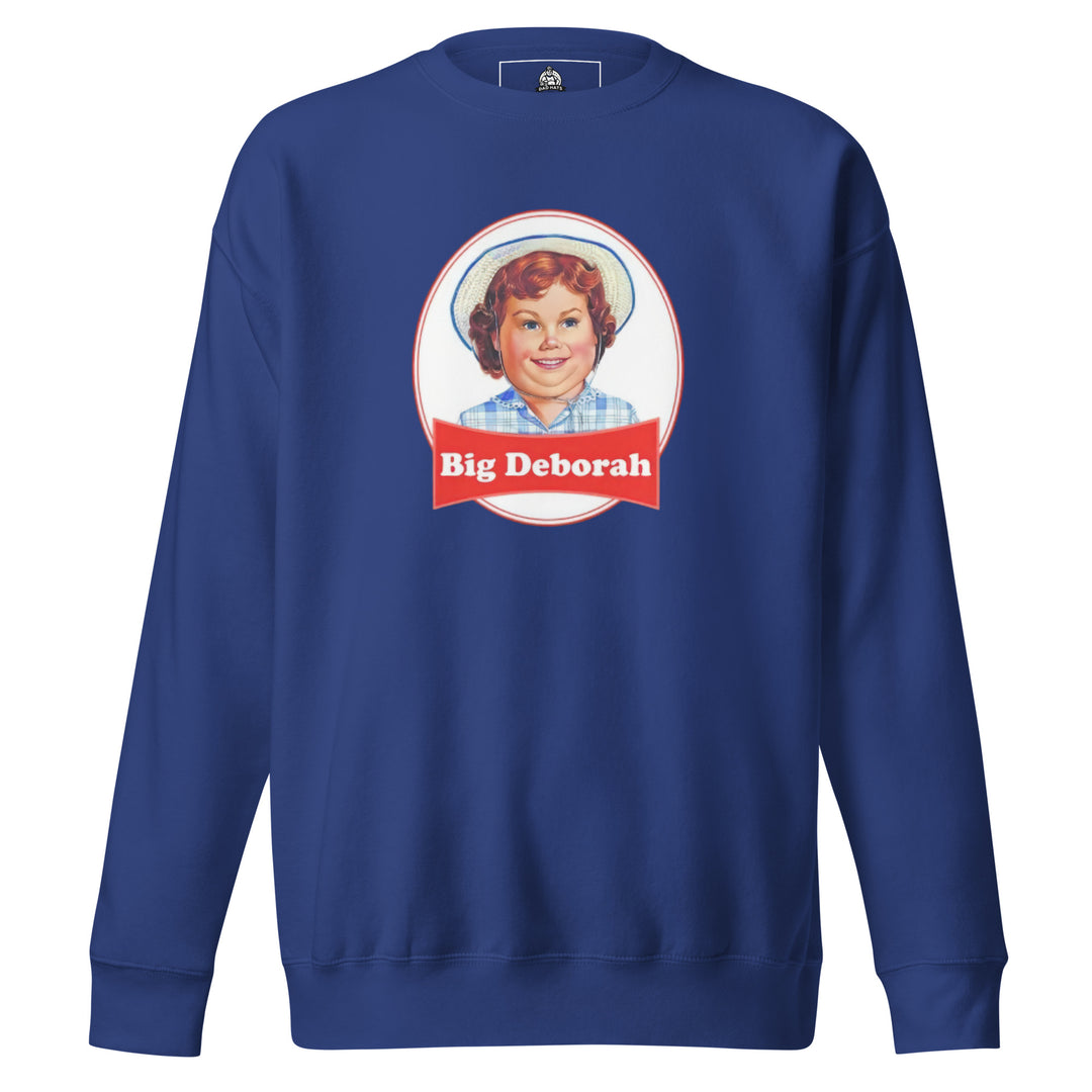 Big Deborah — a Little Debbie style snack-cake logo with a smiling girl in a straw hat, renamed Big Deborah, printed on a unisex sweatshirt.