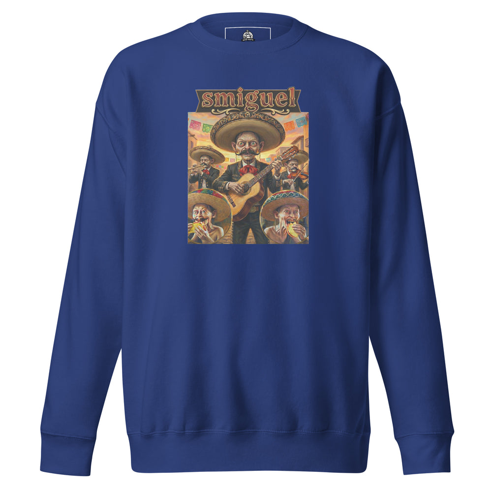 Smiguel — Gollum-like mariachi characters in sombreros eating tacos, captioned Smiguel, printed on a unisex sweatshirt.