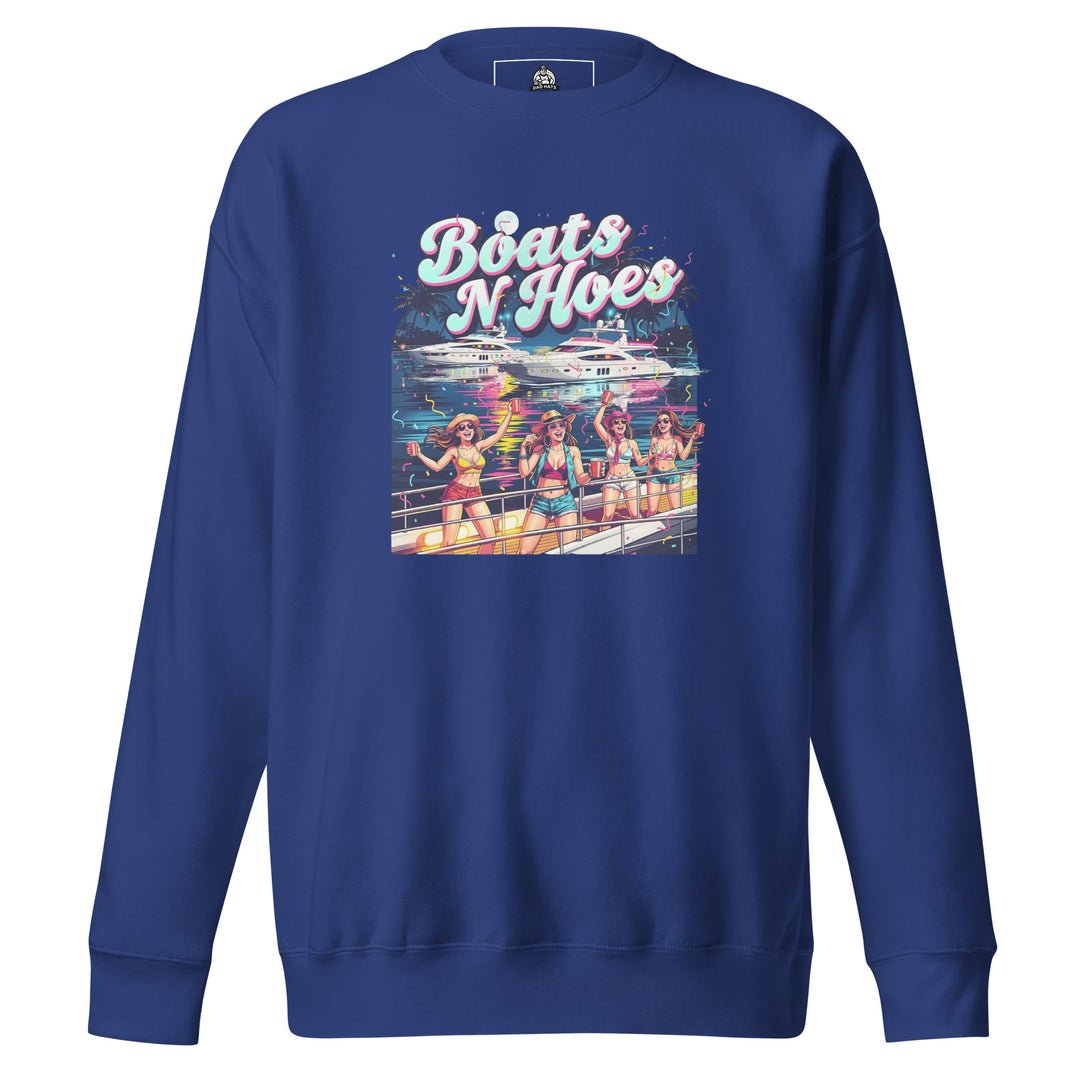 Boats N Hoes — a neon Miami-style yacht party with women in bikinis holding red cups, captioned Boats N Hoes, printed on a unisex sweatshirt.