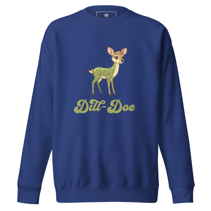 Dill-Doe — a cute cartoon deer covered in green pickle spots, captioned Dill-Doe, printed on a unisex sweatshirt.