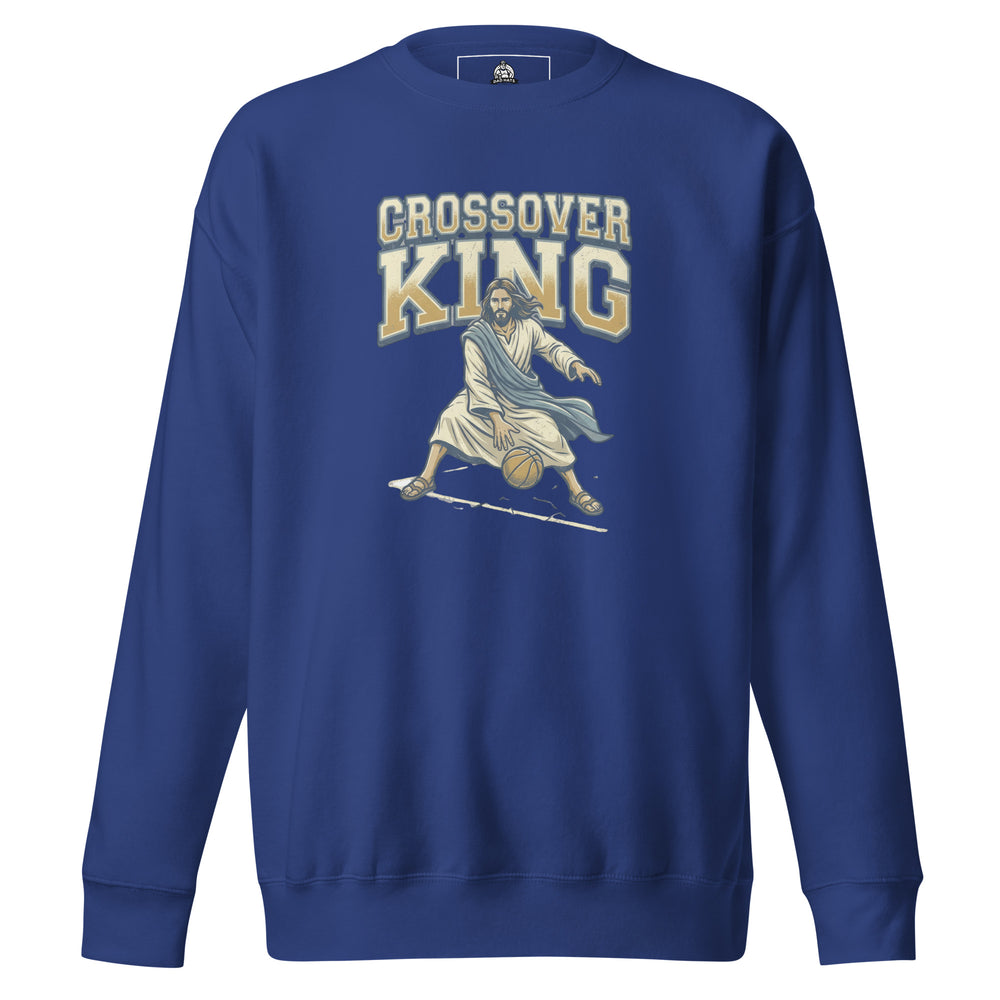 Jesus Crossover King — Jesus playing basketball as the Crossover King with a halo, printed on a unisex sweatshirt.