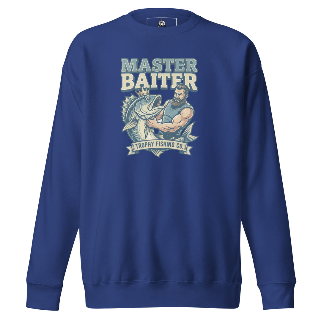 Master Baiter — a muscular bearded fisherman flexing next to a big trophy fish, with a Master Baiter Trophy Fishing Co. badge, printed on a unisex sweatshirt.