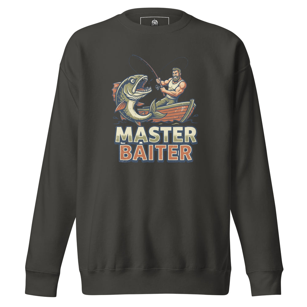 Master Baiter — a muscular fisherman in a boat reeling in a huge fish, with bold Master Baiter lettering, printed on a unisex sweatshirt.