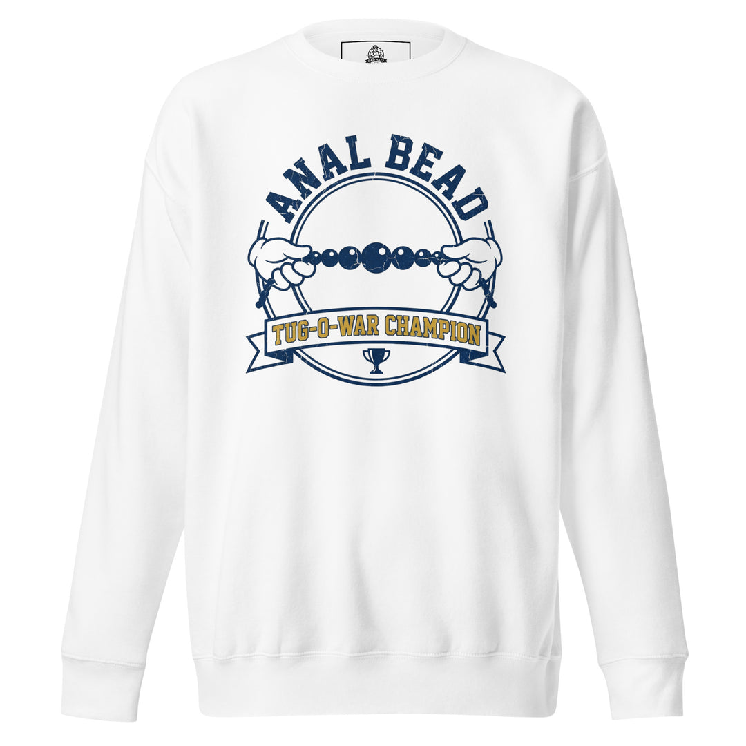 Anal Bead Tug Of War Champion funny adult humor graphic tee — collegiate varsity badge with two cartoon gloved hands pulling a bead string and trophy banner, navy and gold on white