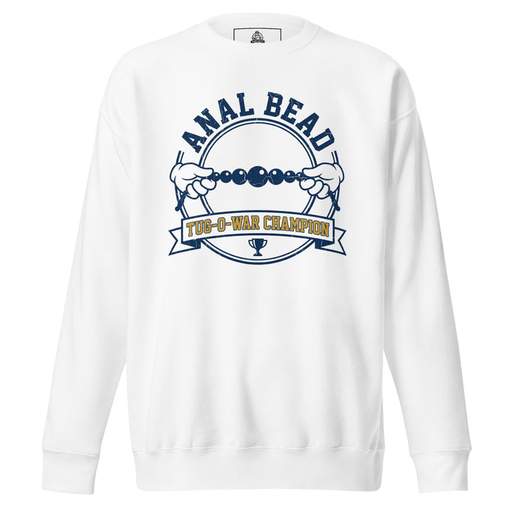 Anal Bead Tug Of War Champion funny adult humor graphic tee — collegiate varsity badge with two cartoon gloved hands pulling a bead string and trophy banner, navy and gold on white