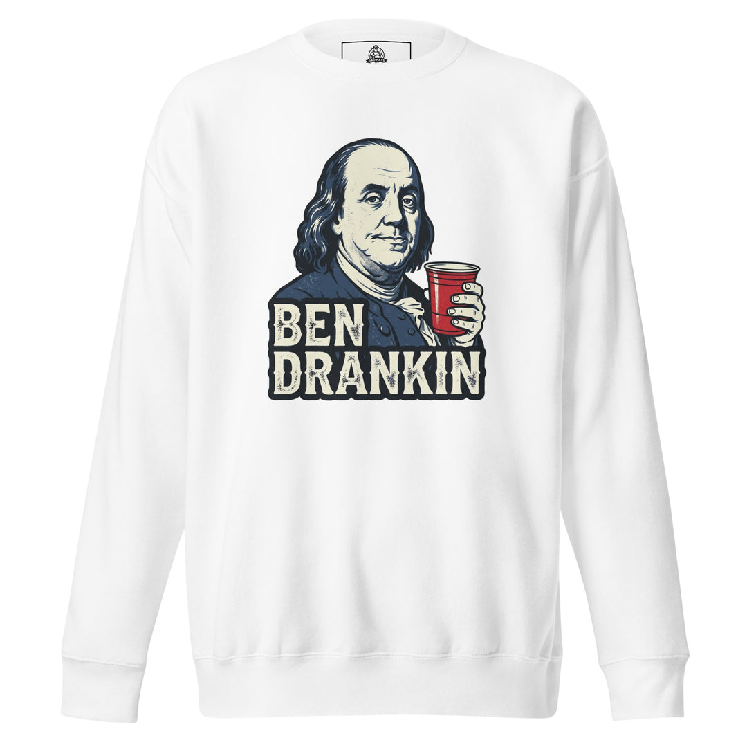 Ben Drankin funny 4th of July drinking graphic tee — Benjamin Franklin portrait holding a red Solo cup with bold BEN DRANKIN text on red tee