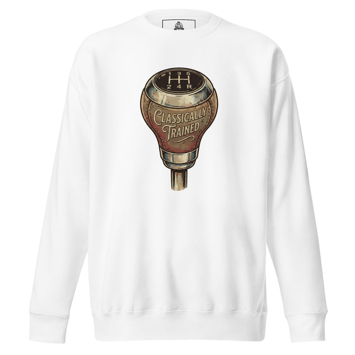 Classically Trained funny manual transmission graphic tee — vintage leather 5-speed gear shift knob with H-pattern shifter diagram