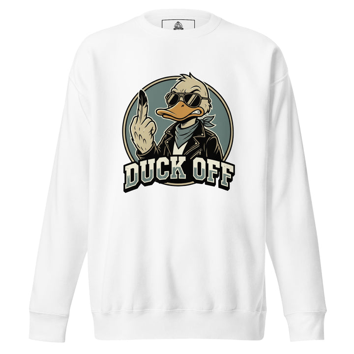 Duck Off funny pun graphic tee — duck in aviator sunglasses and leather jacket raising a middle feather