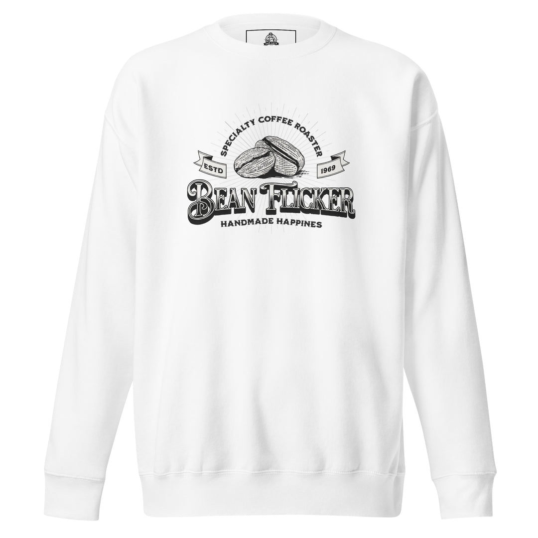 Bean Flicker — a vintage Bean Flicker Specialty Coffee Roaster logo with coffee beans, reading Handmade Happiness Est 1969, printed on a unisex sweatshirt.