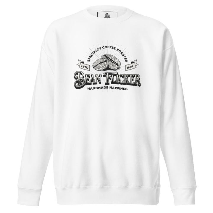 Bean Flicker — a vintage Bean Flicker Specialty Coffee Roaster logo with coffee beans, reading Handmade Happiness Est 1969, printed on a unisex sweatshirt.